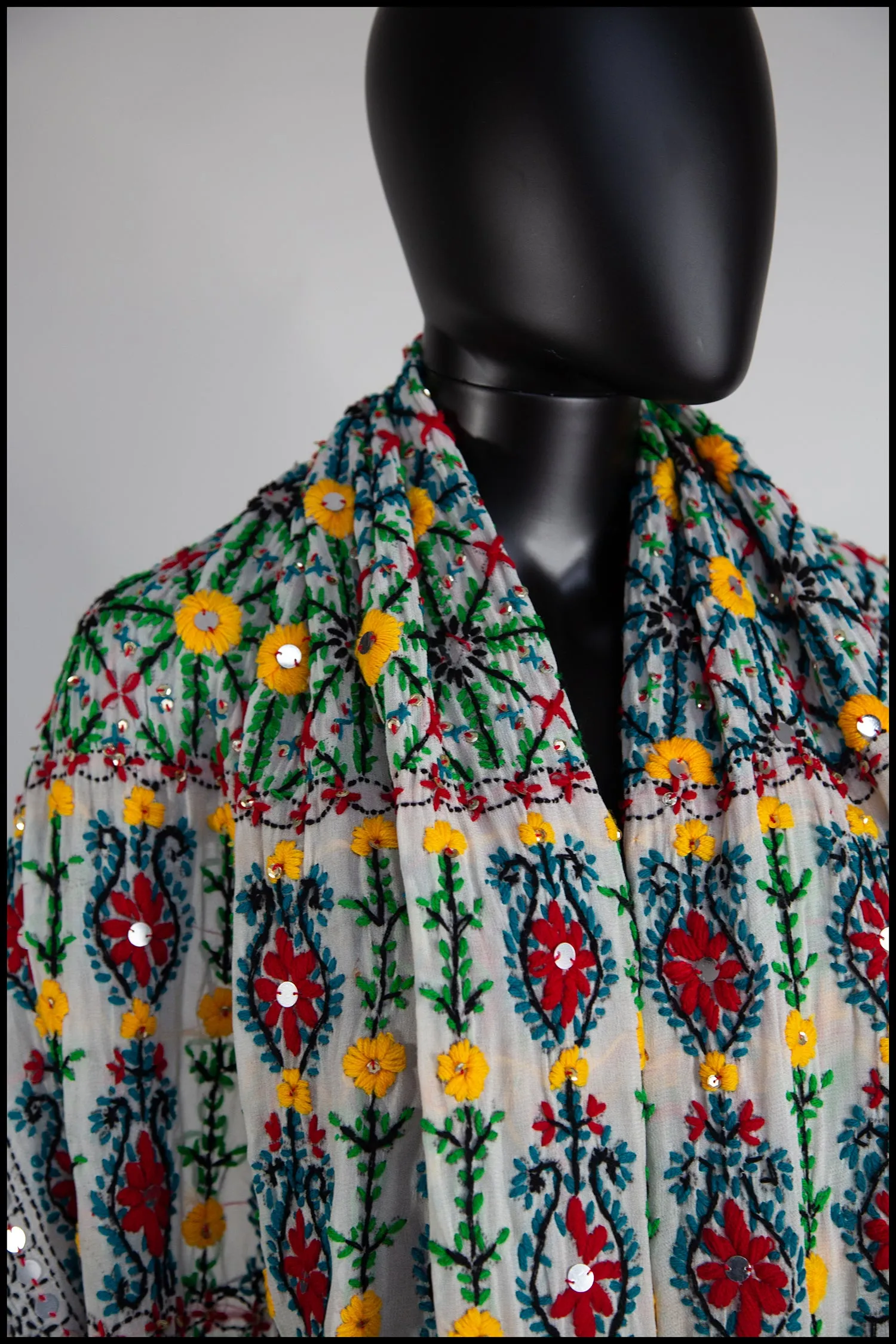 Vintage Large Indian Phulkari Multi Embroidered Wool Wrap