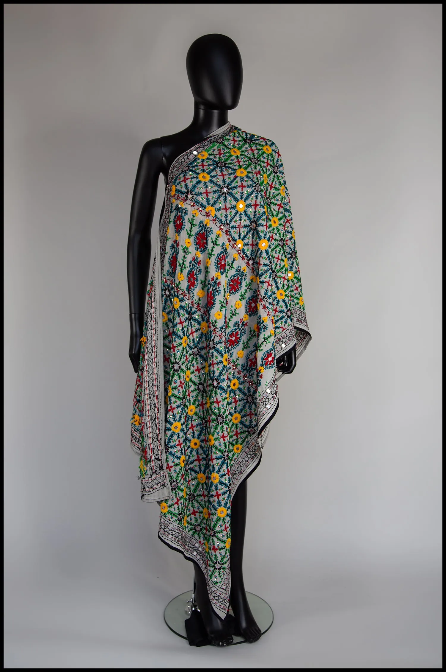 Vintage Large Indian Phulkari Multi Embroidered Wool Wrap