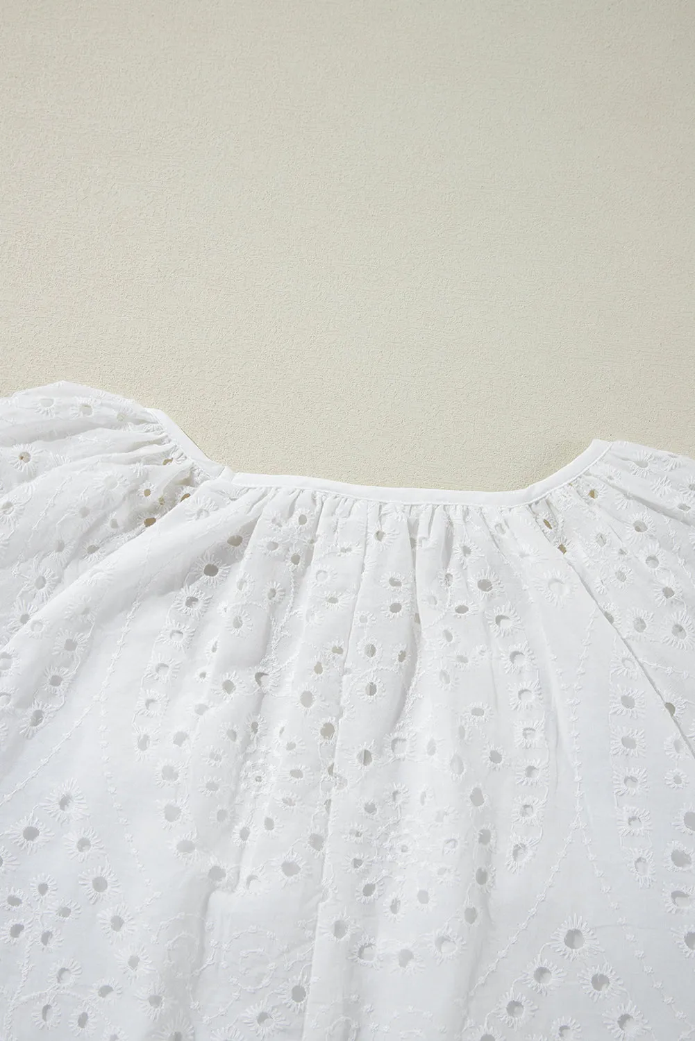 White Eyelet Embroidered V Neck Puff Sleeve Blouse