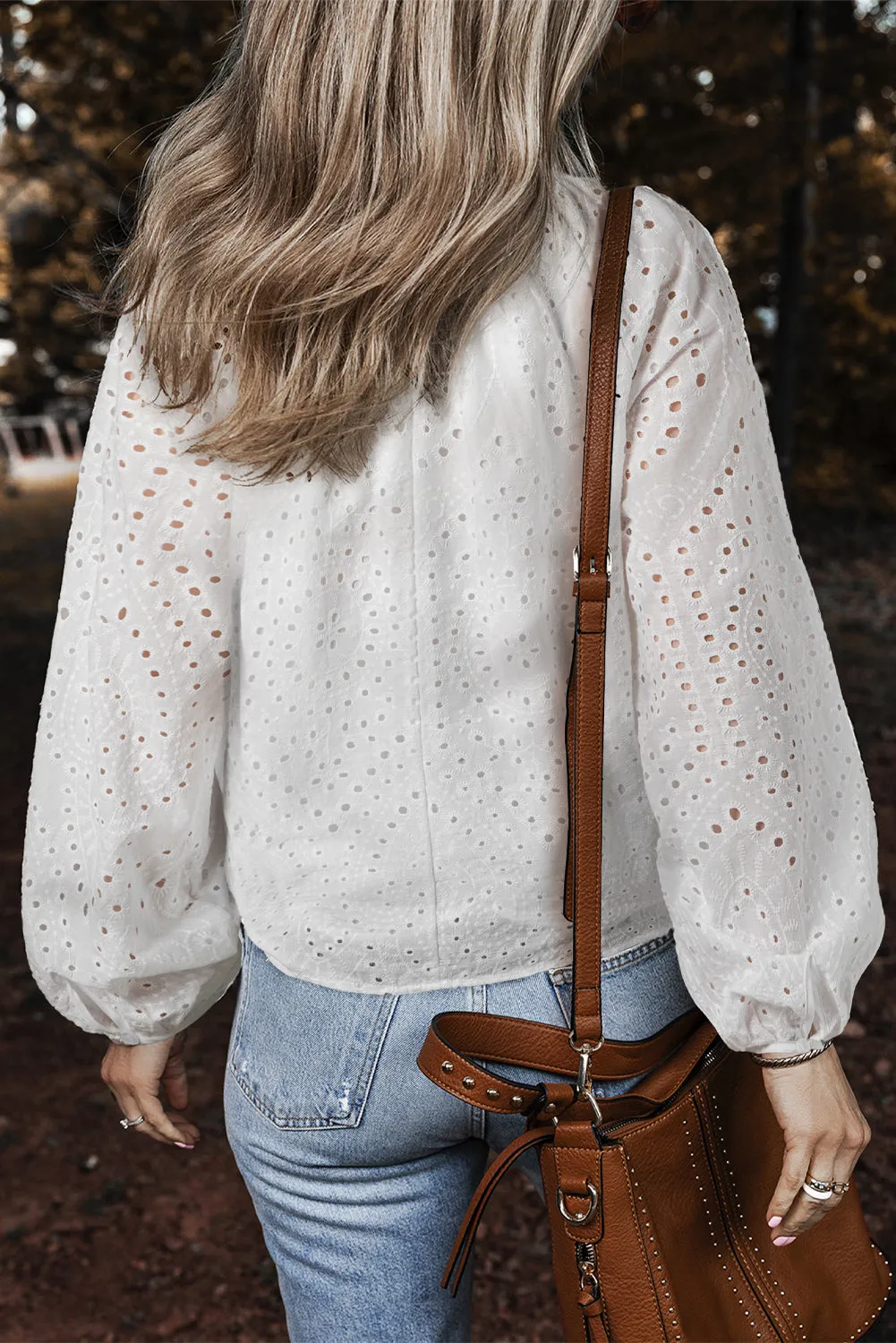 White Eyelet Embroidered V Neck Puff Sleeve Blouse