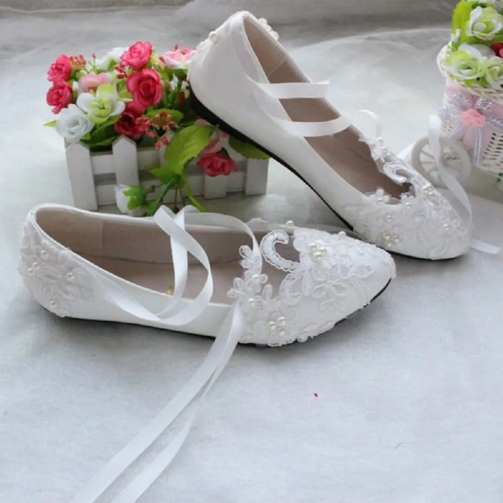 White Pearl Beaded Lace Wedding Flat Bridal Closed Toe Shoes