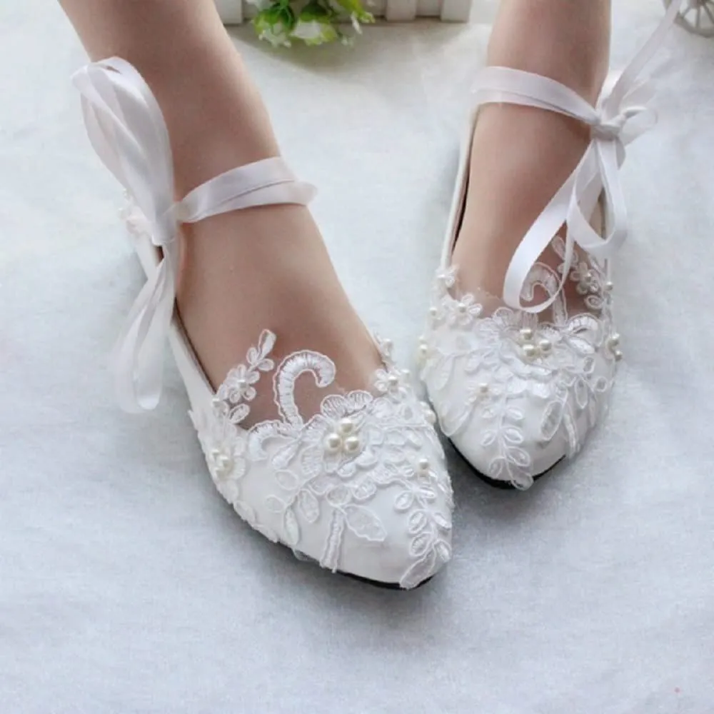 White Pearl Beaded Lace Wedding Flat Bridal Closed Toe Shoes