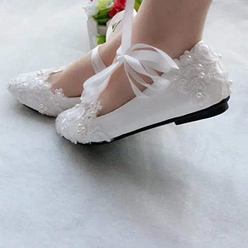 White Pearl Beaded Lace Wedding Flat Bridal Closed Toe Shoes