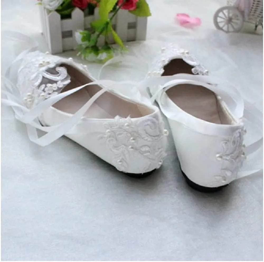 White Pearl Beaded Lace Wedding Flat Bridal Closed Toe Shoes