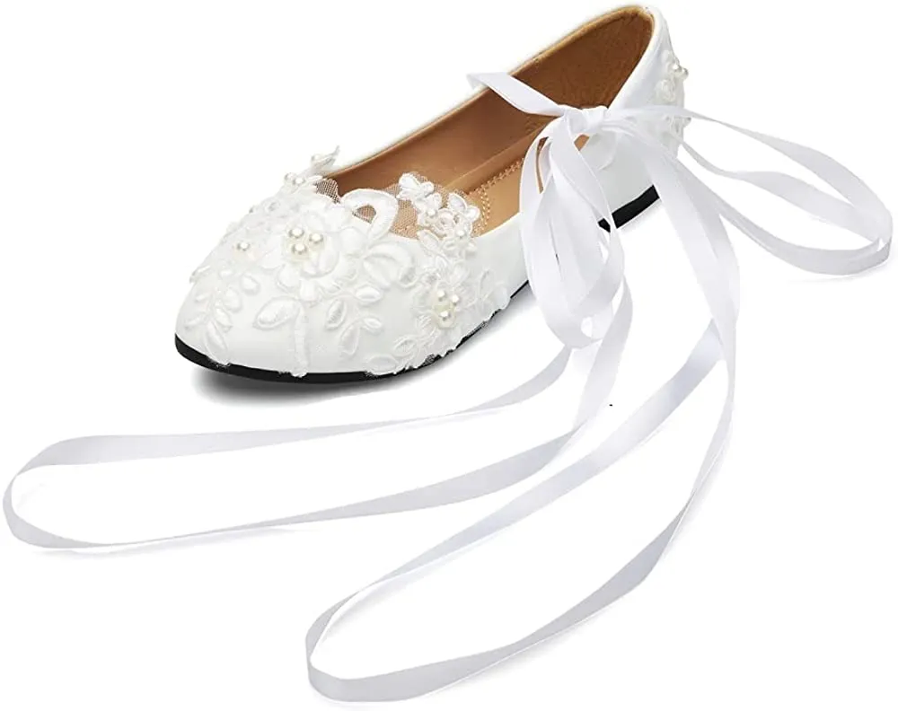 White Pearl Beaded Lace Wedding Flat Bridal Closed Toe Shoes