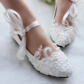 White Pearl Beaded Lace Wedding Flat Bridal Closed Toe Shoes