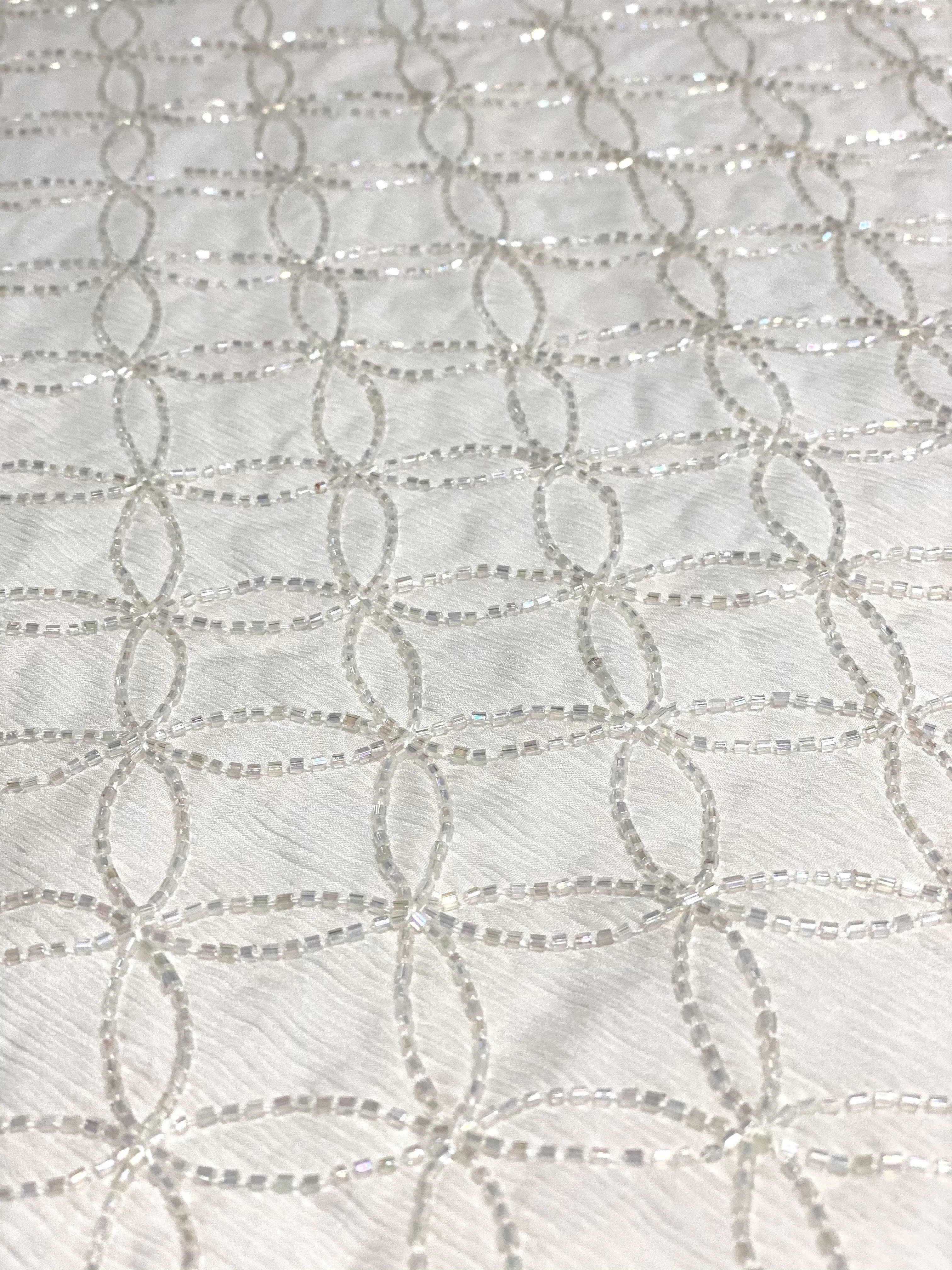 White Sequin & Beads On Silk Chiffon JEC-102-10 Fabric