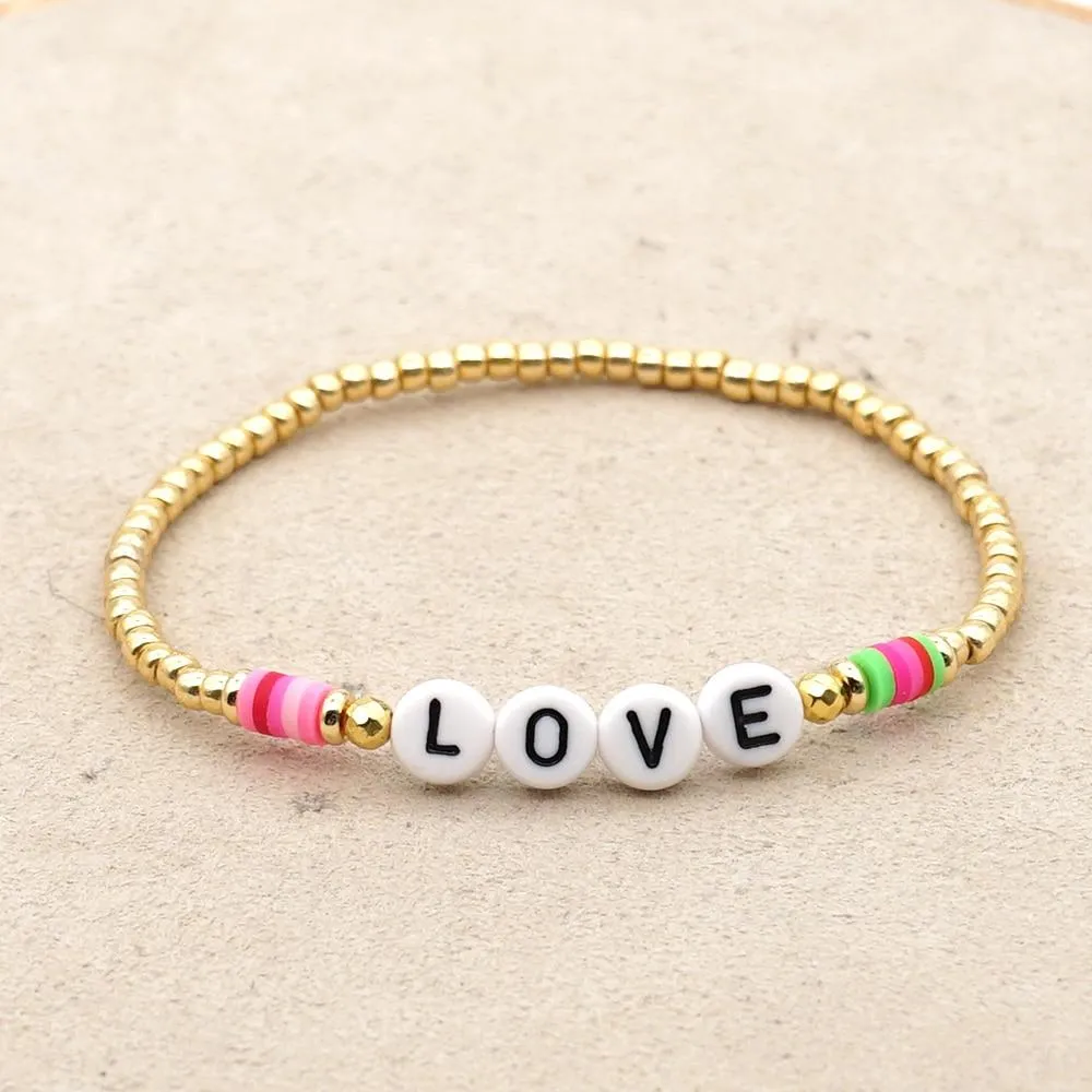 Women Handmade Vinyl Bohemian Gold Coloured Letter Beads Bracelets