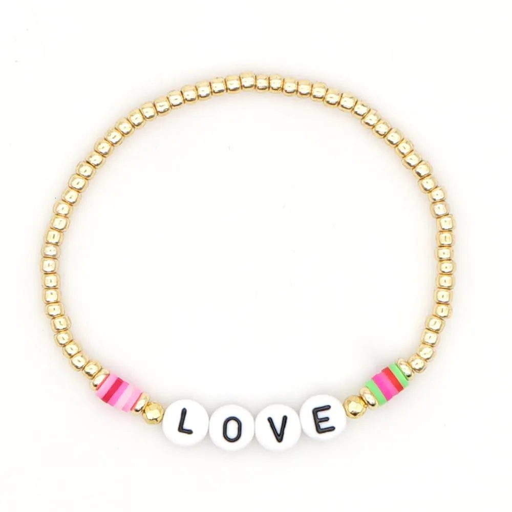 Women Handmade Vinyl Bohemian Gold Coloured Letter Beads Bracelets