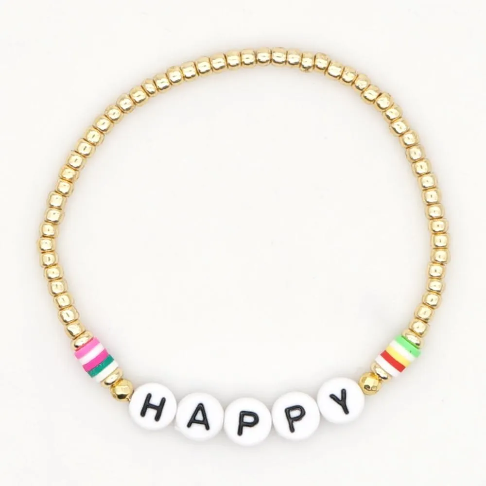 Women Handmade Vinyl Bohemian Gold Coloured Letter Beads Bracelets