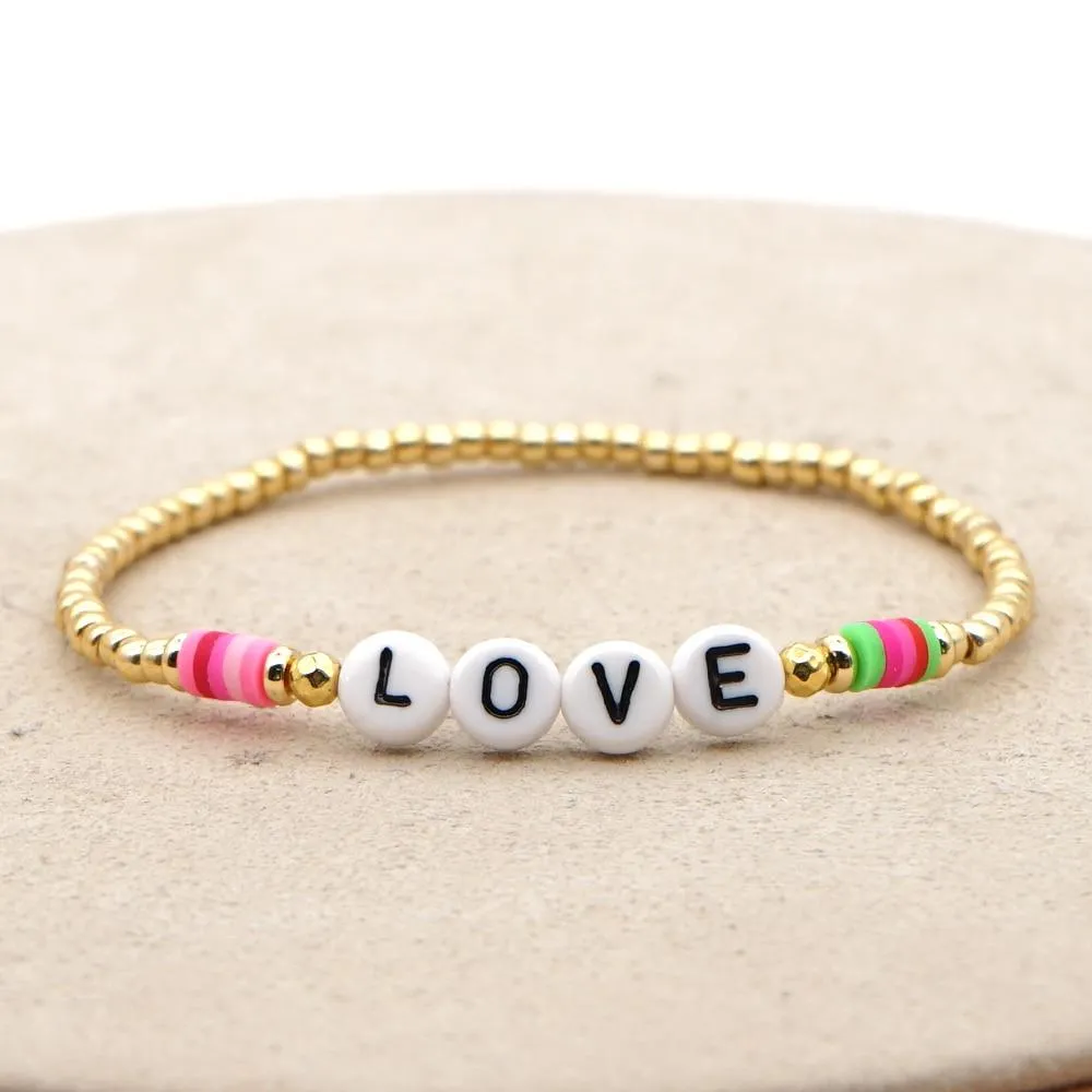 Women Handmade Vinyl Bohemian Gold Coloured Letter Beads Bracelets