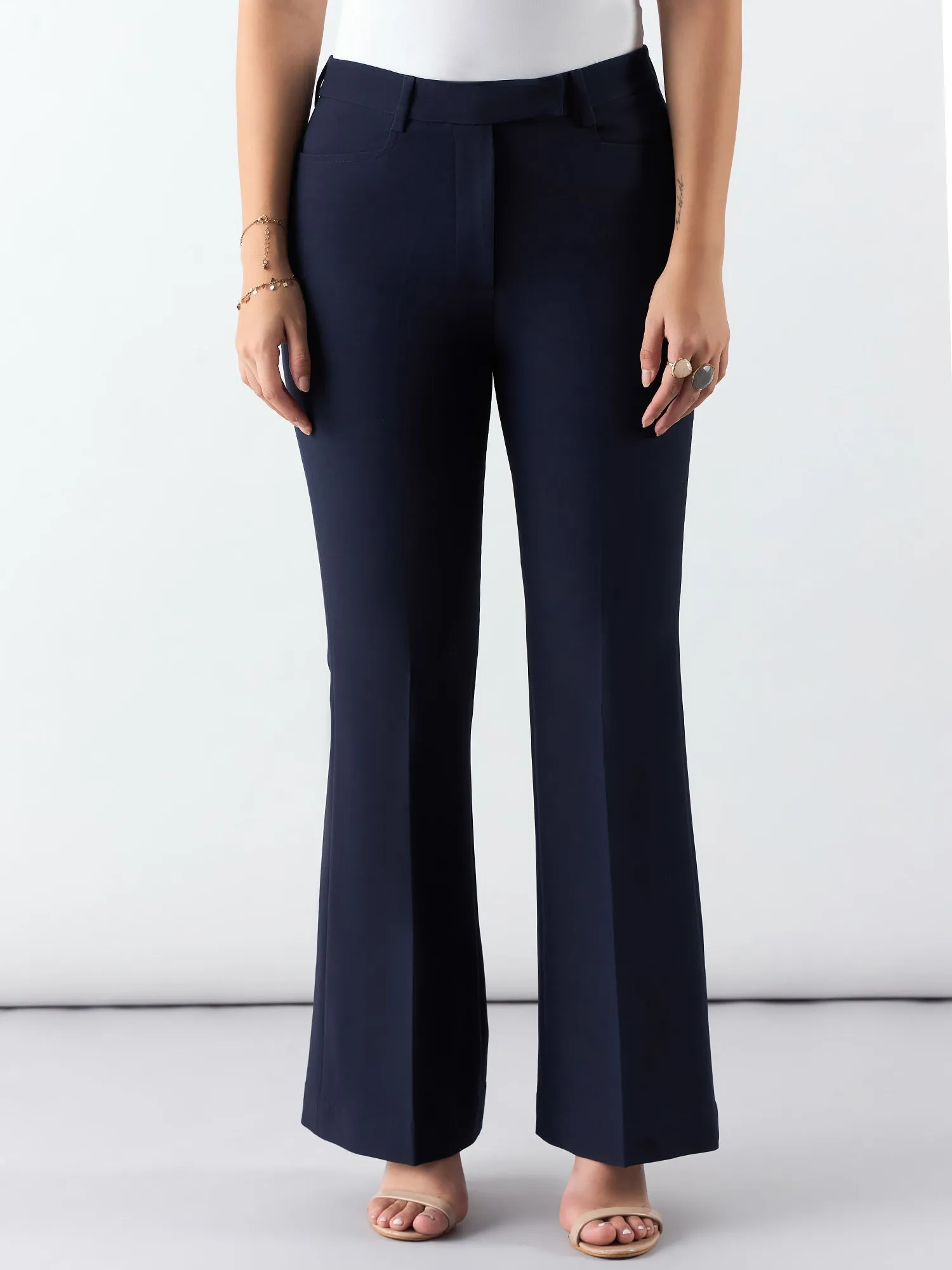 Women Navy High Waist Trouser In Stretchable Fabric