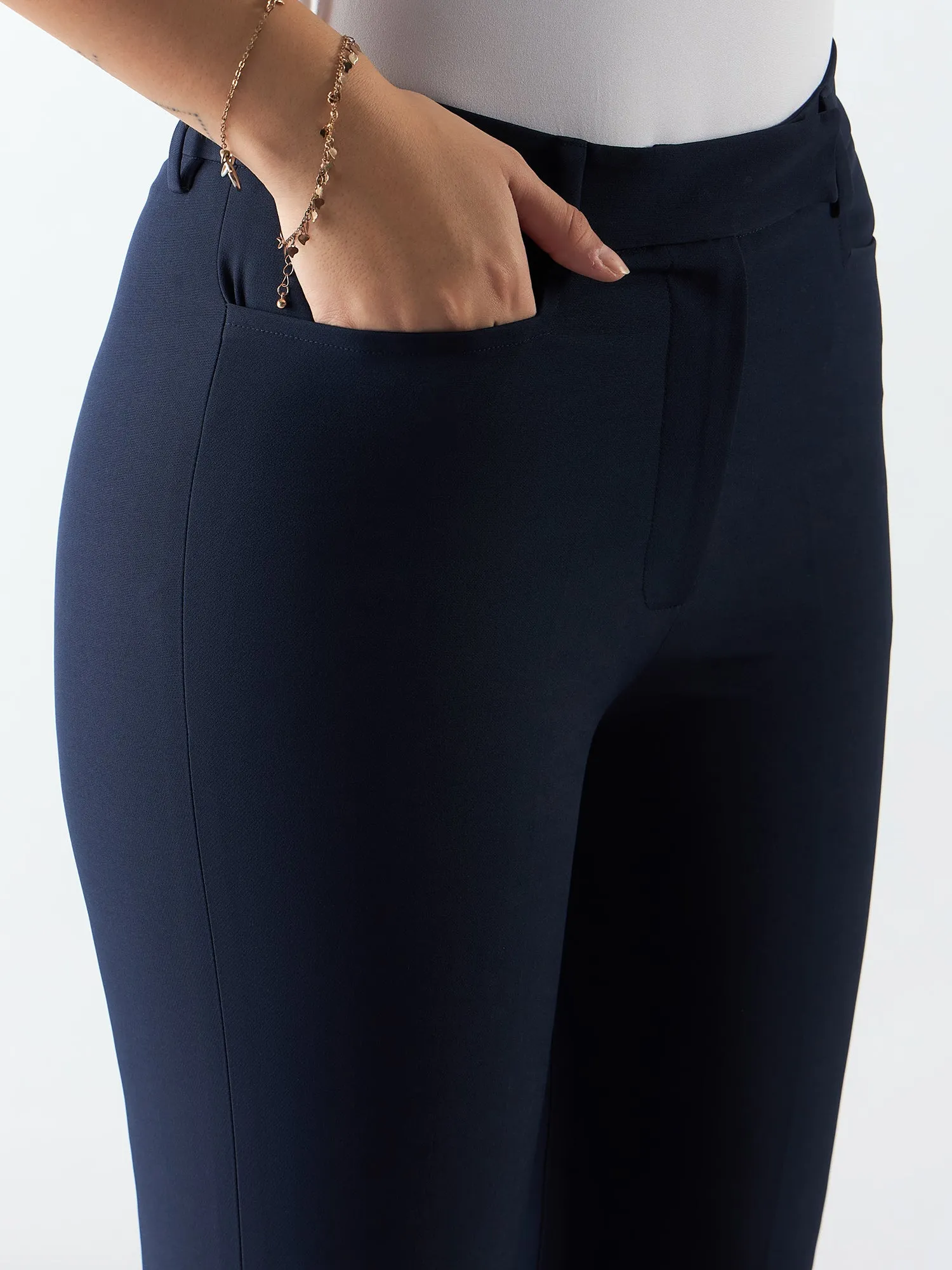 Women Navy High Waist Trouser In Stretchable Fabric