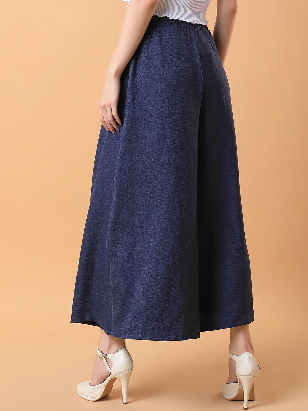 Women Solid Navy Blue Pleated Loose Fit Trouser