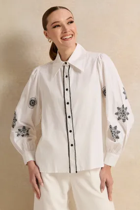 Women White Embroidered Shirt Blouse