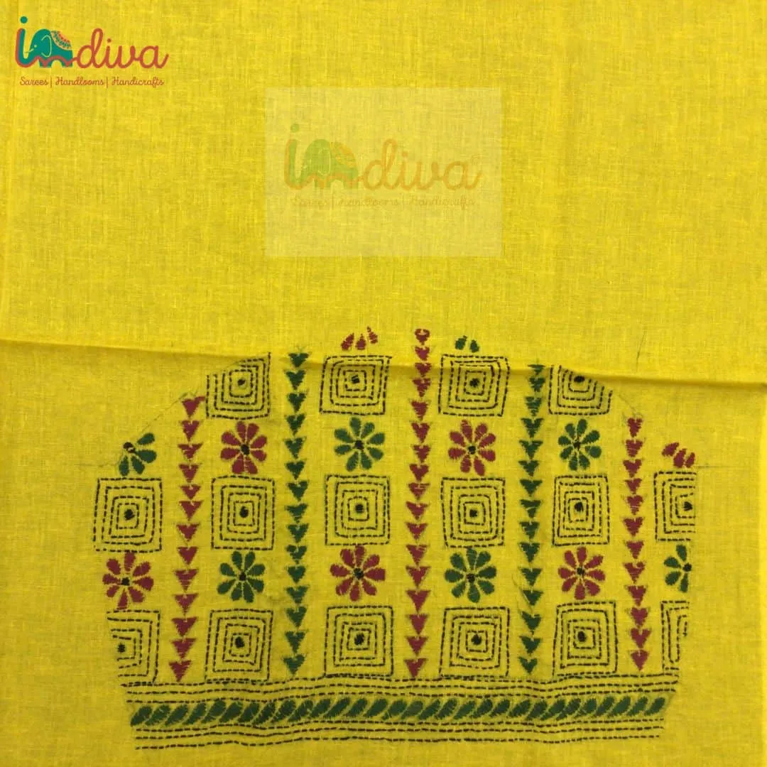 Yellow Kantha Blouse Fabric With Green & Maroon Motifs