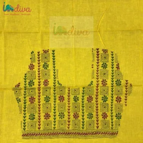 Yellow Kantha Blouse Fabric With Green & Maroon Motifs