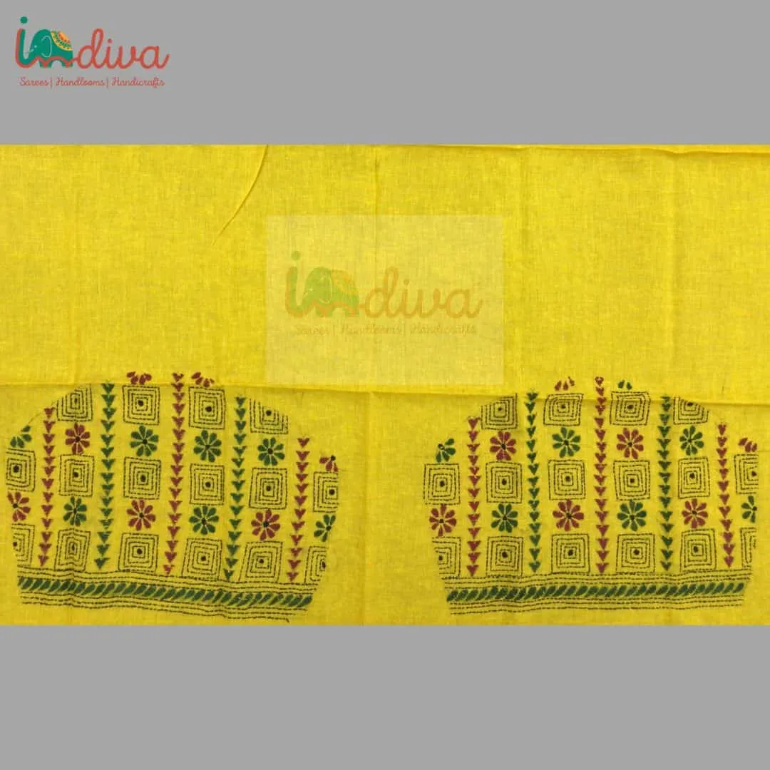 Yellow Kantha Blouse Fabric With Green & Maroon Motifs