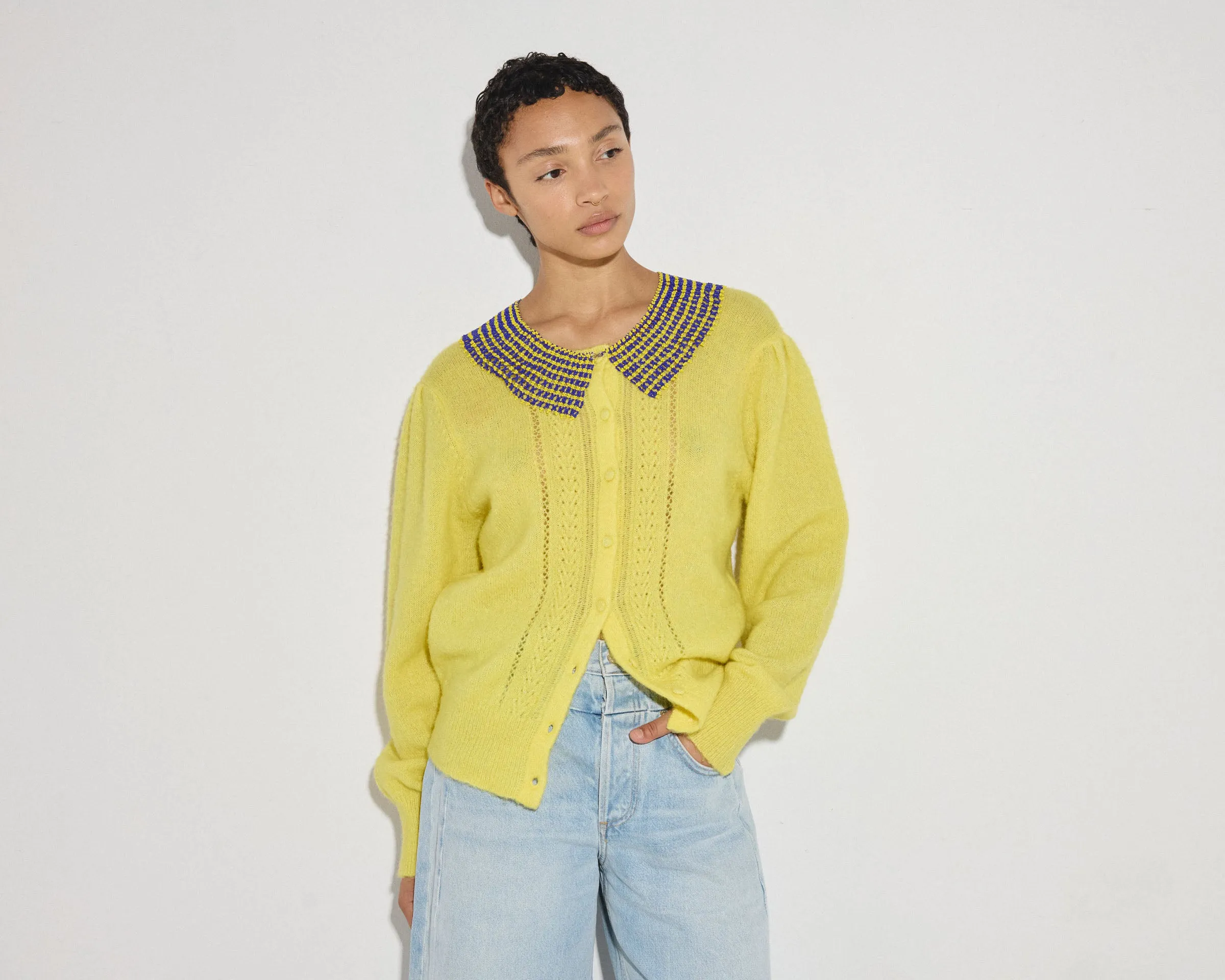 YELLOW RODIER CARDIGAN WITH REMOVABLE BEADED COLLAR