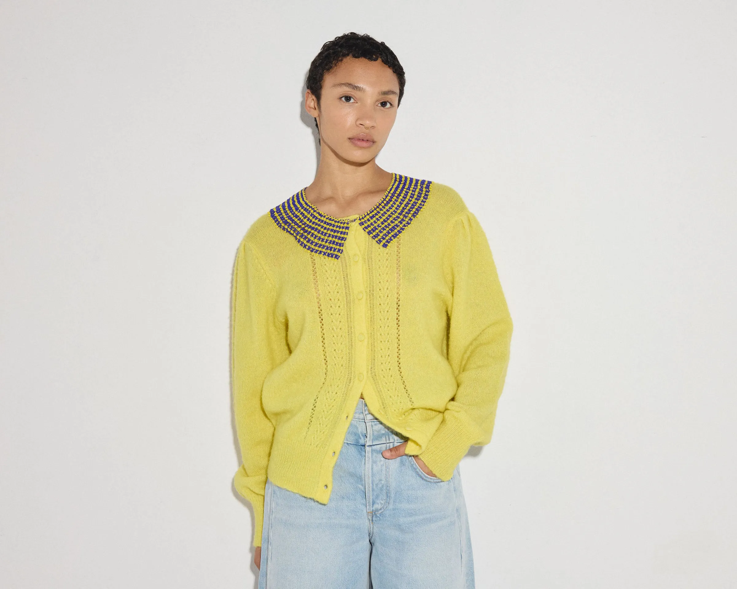 YELLOW RODIER CARDIGAN WITH REMOVABLE BEADED COLLAR