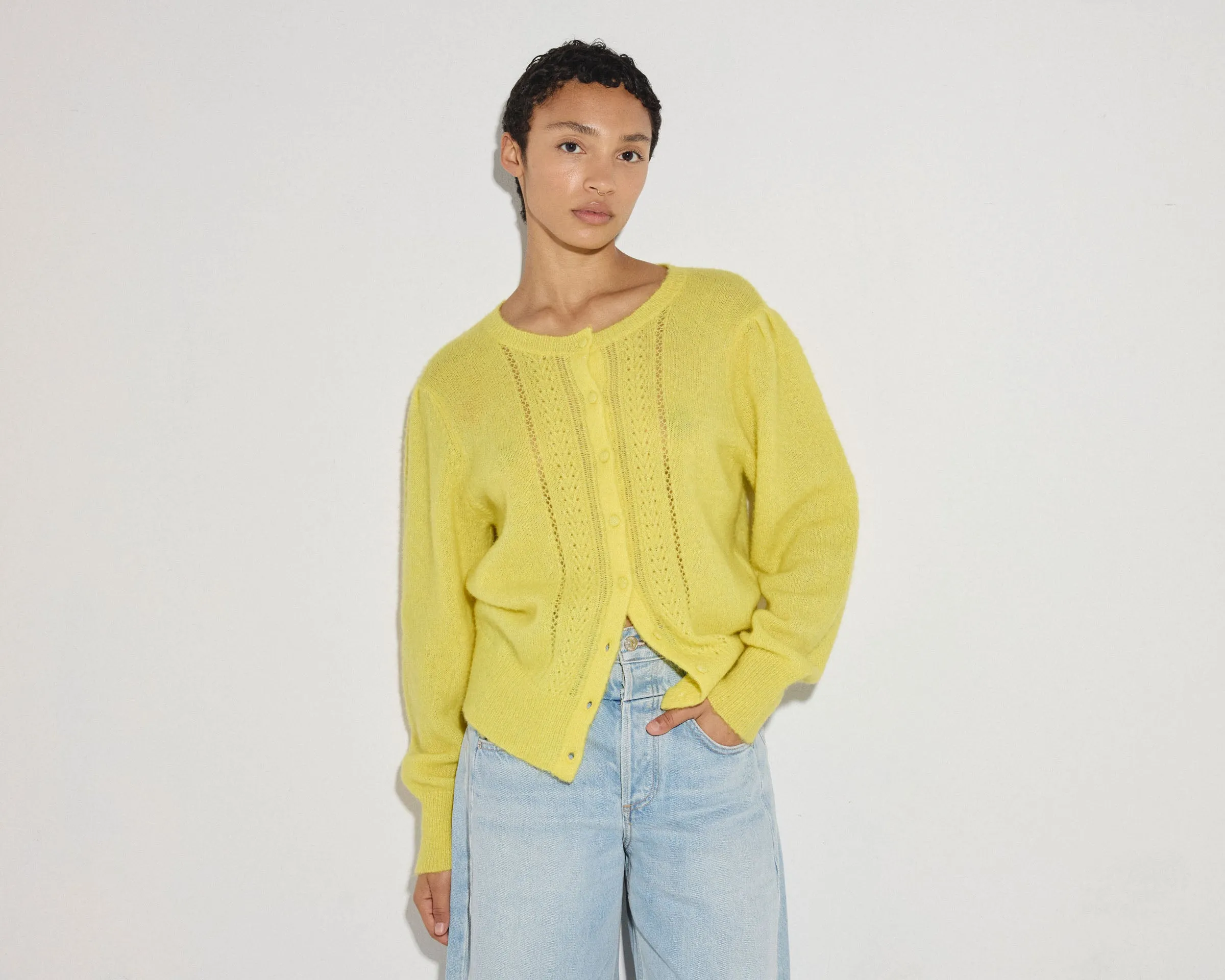 YELLOW RODIER CARDIGAN WITH REMOVABLE BEADED COLLAR